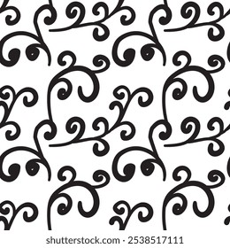 Padrão sem costura com ornamento Scandy com folhas e flores. Fundo étnico floral preto e branco. Ilustração de vetor, modelo doodle desenho de mão para pano, cartão, tecido.