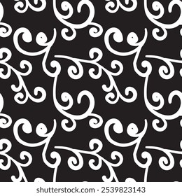 Seamless pattern with Scandy ornament with leaves and flowers. Ethnic floral black and white background. Vector illustration, template doodle hand drawing design for cloth, card, fabric.