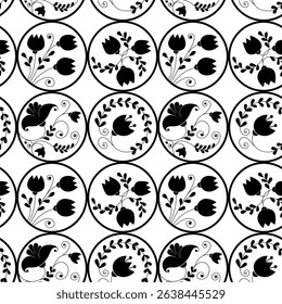 Seamless pattern with Scandy ornament with leaves and flowers. Ethnic floral black and white background. Vector illustration, template doodle hand drawing design for cloth, card, fabric.