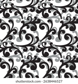 Seamless pattern with Scandy ornament with leaves and flowers. Ethnic floral black and white background. Vector illustration, template doodle hand drawing design for cloth, card, fabric.