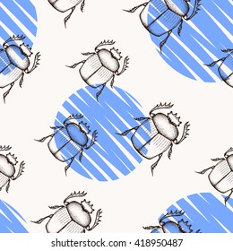 Seamless pattern with scarab beetles and blue circles on the white background. Hand drawn doodle scarab beetles