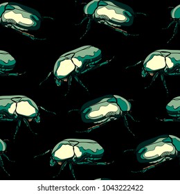 Seamless pattern with  scarab beetles on black background. Vector illustration.