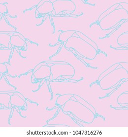 Seamless pattern with scarab beetles silhouettes on pink background. Vector illustration.