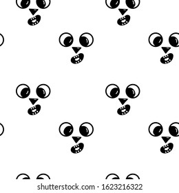 Seamless pattern with scared emoticon face. Vector illustration of face with eyes. Black and white design. 