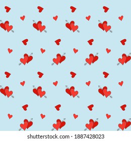 Seamless pattern of scarlet hearts, pierced by Cupid's arrow, on a sky-blue background. For Valentine's Day or wedding.