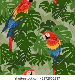 Seamless pattern with scarlet macaw parrots and tropical leaves. Wildlife of the jungle and tropical forests of the Amazon. Realistic trendy vector