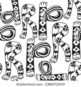 seamless pattern of scarves and hats in doodle style. template for print, background, wallpaper, fabric, coloring, header, article, children's book, decoration. English alphabet made from scarves and 
