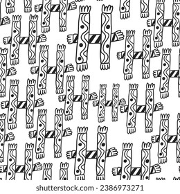 seamless pattern of scarves and hats in doodle style. template for print, background, wallpaper, fabric, coloring, header, article, children's book, decoration. English alphabet made from scarves and 