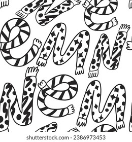seamless pattern of scarves and hats in doodle style. template for print, background, wallpaper, fabric, coloring, header, article, children's book, decoration. English alphabet made from scarves and 