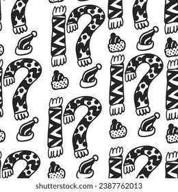 patrón impecable de pañuelos y sombreros al estilo de doodle. plantilla para impresión, fondo, papel pintado, tela, coloreado, cabecera, artículo, libro infantil, juguete, decoración. exclamación y signos de interrogación