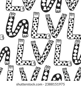 seamless pattern of scarves and hats in doodle style. template for print, background, wallpaper, fabric, coloring, header, article, children's book, decoration. English alphabet made from scarves and 