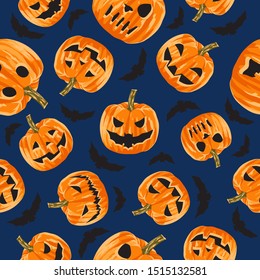 Seamless pattern of scary big-eyed and toothy pumpkins. Seamless illustration.