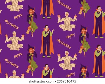 Seamless pattern of scary carnival clothing. Happy people at masquerade Halloween party.