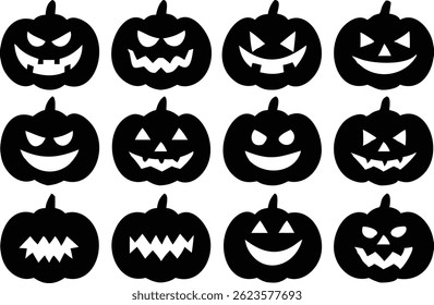 Seamless pattern with scary carved pumpkin faces in black silhouette on a white backdrop. Perfect for background design needs.