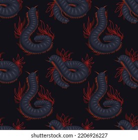 Seamless pattern with scary centipedes with foliage and leaves on dark gray background. Vector texture with julida and stems. Fabric with insect with a chitinous shell. Wallpaper with millipede
