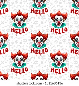 Nahtloses Muster mit gruseligen Clowngesicht, Skulpturen, Blut und Knochen auf weißem Hintergrund. Vektortextur für den Stoffdruck.