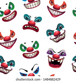 Seamless pattern with scary clown faces on the white background. Vector creepy circus texture.