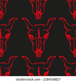 Seamless pattern of scary cow skulls drawn with red marker on black paper. Halloween background of cow skulls. Halloween concept.