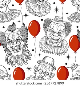 Seamless pattern with scary, crazy clowns faces and red balloon against white background. Vector cartoon illustration