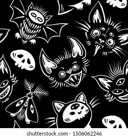Seamless pattern. Scary and cute creatures. Set of halloween illustrations. Isolated on a black background. For greeting cards, invitations, for printing on T-shirts and more.