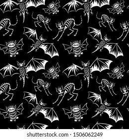 Seamless pattern. Scary and cute creatures. Set of halloween illustrations. Black background. For greeting cards, invitations, for printing on T-shirts and more. Happy Halloween!