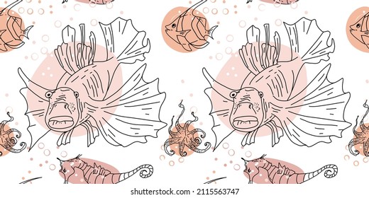 Seamless pattern with scary devil fish and octopus. Template with sea life for background and design.  Set of isolated marine inhabitants on a white background.