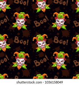Seamless pattern with scary evil Jokers faces on the black background. Vector texture.
