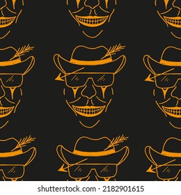 Seamless pattern of scary face with dark glasses, a frightening smile and a cowboy hat shot through with an arrow. A joker drawn with a orangemarker on black background. Cowboy Jack. Halloween concept