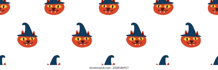 Seamless pattern. The scary face of a vampire cat. Halloween party. Illustration. Hand drawn design on white background.