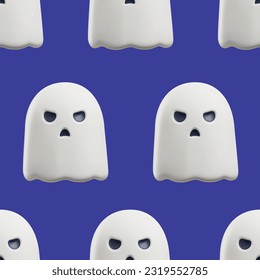 Seamless pattern with scary ghosts 3D style, vector illustration on blue background. Decorative design for Halloween wrapping and packaging, flying emotional characters with emotional faces