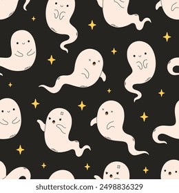 Seamless pattern with scary ghosts, spirits. Happy Halloween, trick or treat. Vector illustration in flat style