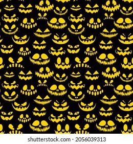 Seamless pattern, scary grimaces for halloween on black background. Vector illustration