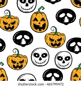 Seamless pattern of scary halloween icons with pumpkin and ghost