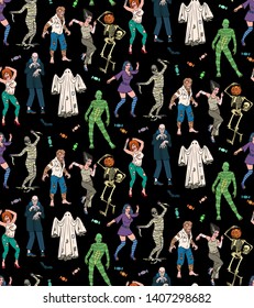 Seamless pattern with Scary Halloween Monsters. Vector Illustration.