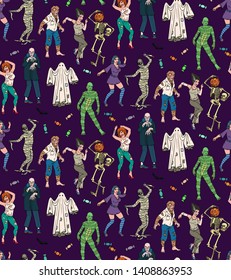 Seamless pattern with Scary Halloween Monsters. Vector Illustration. 