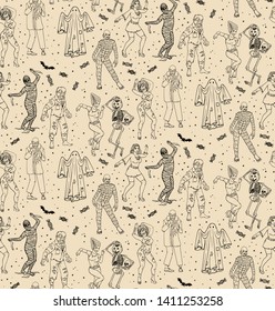 Seamless pattern with Scary Halloween Monsters. Vector Illustration.