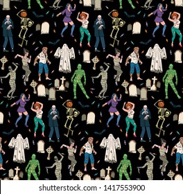 Seamless pattern with Scary Halloween Monsters.Vector Illustration. 