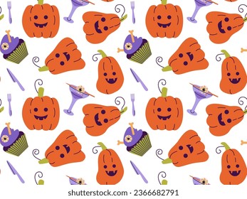 Seamless pattern of scary Halloween pumpkins and zombie dishes. Carved Halloween pumpkin with funny face.