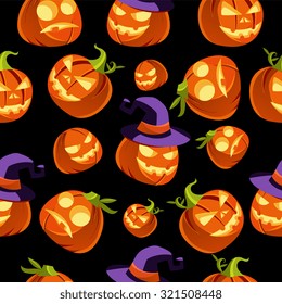 Seamless Pattern of scary halloween pumpkins wearing witches hats Vector Illustration