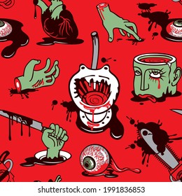 Seamless pattern with scary Halloween themed cartoon pictures on a red backdrop. Рorrible vector background with severed zombie hands and head, torn out human heart and eyes in vile black puddles