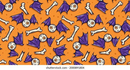 Seamless pattern with scary horrible eye, eyeball, bones and wings for halloween holiday design. October party banner, poster or postcard