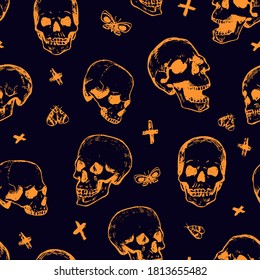 Seamless pattern of scary human skulls. Hand drawn vector wallpaper in abstract engraving style. Halloween vintage colored background for design, prints, wrapping paper, textile, fabric, decor, cards.