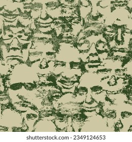 seamless pattern with scary male and female human faces head on a black background in grunge style. Wallpaper, wrapping paper or fabric design