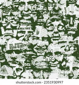 seamless pattern with scary male and female human faces on light background in collage of newspaper clippings in grunge style. Wallpaper, wrapping paper or fabric design