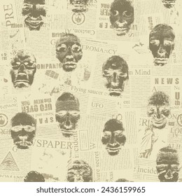 seamless pattern with scary male and female human faces on light background in collage of newspaper clippings in grunge style. Wallpaper, wrapping paper or fabric design