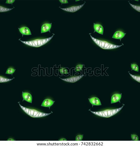 Seamless pattern with scary monster faces on black background. Green eyes and big evil smile.