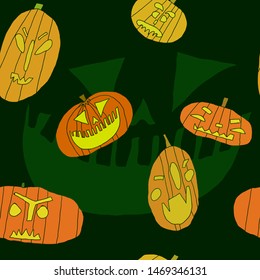 Seamless pattern with scary pumpkins on dark background. Spooky faces drawing. Halloween print design for textile, fabric, wrapping paper, wallpaper. Trendy Stock vector illustration drawn by hand.