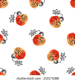 Seamless pattern with scary pumpkins - watercolor doodle vector illustration