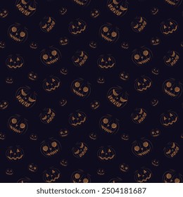 Seamless pattern with scary smiling Halloween pumpkins, on a black background. For wrapping paper, covers, wallpapers, backgrounds, prints, fabrics, textiles, desktop wallpapers.