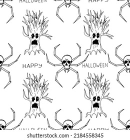 Patrón sin foco con araña temible con cráneo en cuerpo y árbol espeluznante con inscripción Feliz Halloween. Fondo de Halloween con espeluznante araña venenosa con largas garras. Concepto de Halloween. 